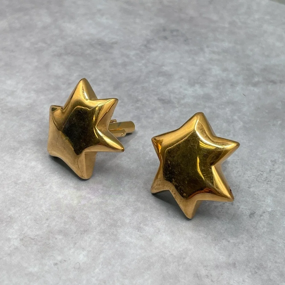 Vintage Chunky Shiny Gold Tone Clip-Back Puffed Star Cuff Links